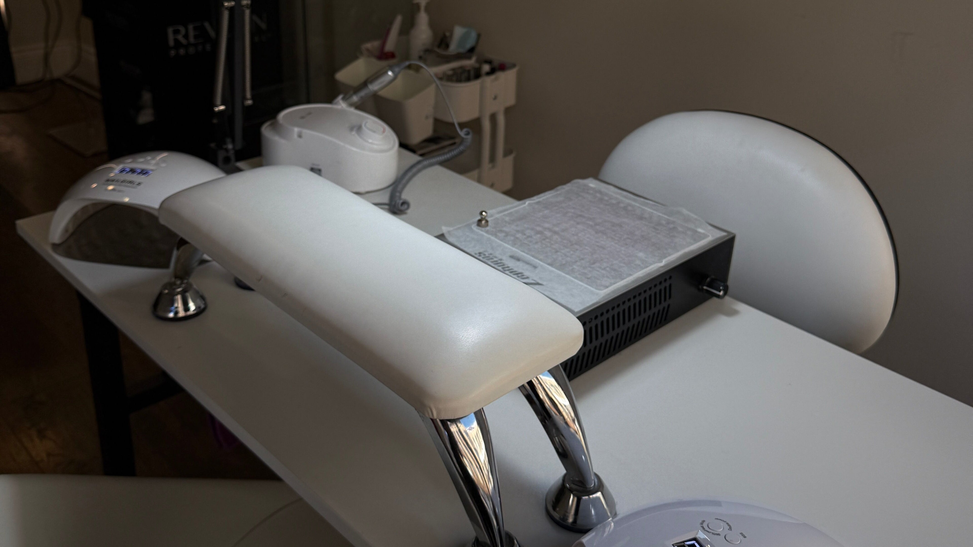 Modern nail station at Lefko nail bar, London, England, GB. Comfortable seating with top-quality equipment.