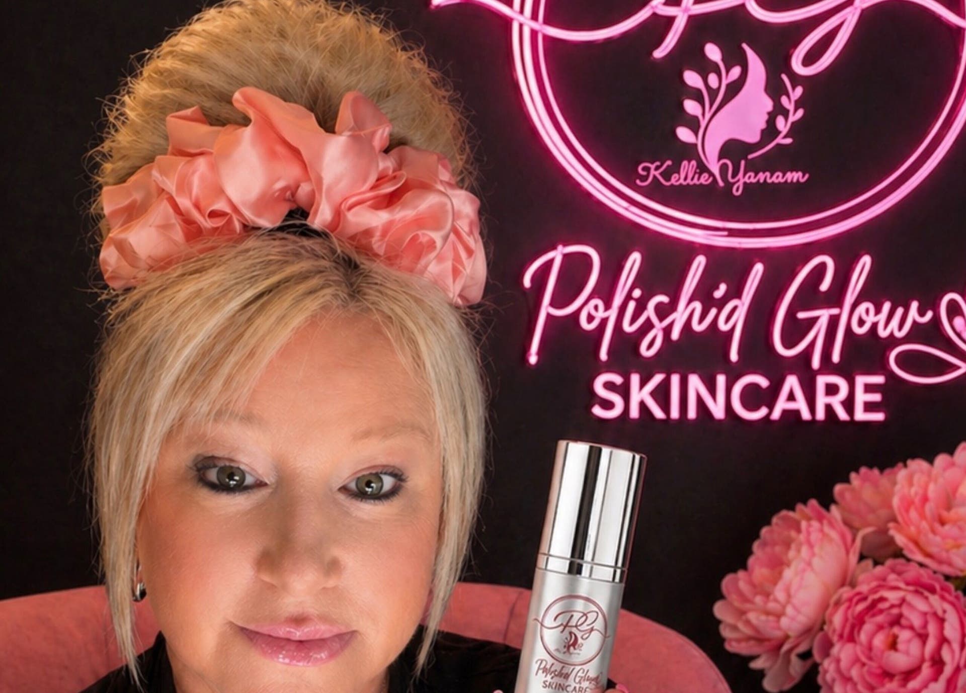 Polish'd Nail & Beauty Salon in Maffra, Victoria, AU featuring glowing skincare product display with flowers.