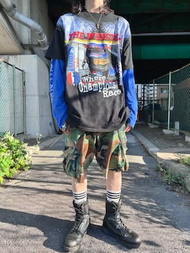 「VINTAGE（ヴィンテージ）のアイテム（Tシャツ/カットソー、ブラック系）」を使った、𝓓𝓪𝓲𝓴𝓲🧞‍♂️さん（メンズ・180cm）の春コーディネート
