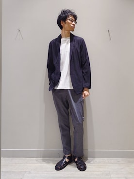 「ABAHOUSE GRAY（アバハウスグレイ）の【接触冷感】ハニカムメッシュ ショールブルゾン/ジャケット（ブルゾン、ブルー系）」を使った、YASUIさん（メンズ・184cm）の春コーディネート
