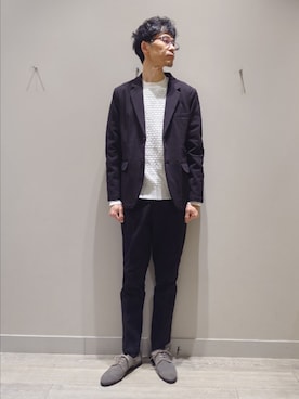 「ABAHOUSE GRAY（アバハウスグレイ）の【SMART CLOSET / WEB限定】ハイゲージ ポンチ セットアップ/スーツ ジャケット&スラックス（セットアップ、ブラック系）」を使った、YASUIさん（メンズ・184cm）の冬コーディネート