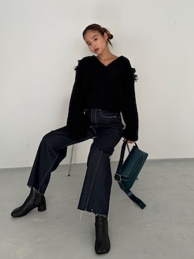 「TRUNC（トランクエイティーエイト）のRigid Denim Curve Pants（デニムパンツ、ブラック系）」を使った、TRUNC 88さん（レディース・162cm）の秋コーディネート