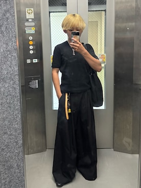 「Camphor wood（カンファーウッド）の2tuck super baggy slacks / ２タックスーパーバギーフレアスラックス（スラックス、ブラック系）」を使った、B/低身長コーデさん（メンズ・155cm）の夏コーディネート