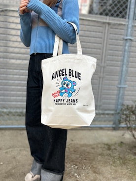 「ANGEL BLUE（エンジェルブルー）のエンジェルブルー トートバッグ HAPPYJEANS（トートバッグ、ベージュ系）」を使った、mfactoryさん（メンズ・175cm）の冬コーディネート