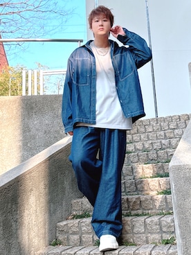 「RAGEBLUE（レイジブルー）の【BREEZY DENIM】ステッチデニムシャツ【セットアップ対応】（シャツ/ブラウス、ブルー系）」を使った、だぃすけさん（メンズ・170cm）の春コーディネート