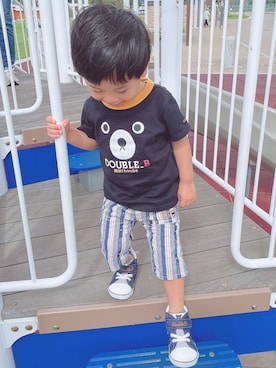 「DOUBLE_B（ダブルビー）のBくんフェイスＴシャツ（Tシャツ/カットソー、ブラック系）」を使った、asahiさん（キッズ・110cm）の秋コーディネート