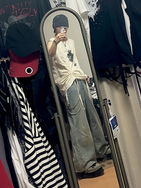 「MASONPRINCE（メイソンプリンス）のサイドベルト ワイドフレアデニムパンツ NZK6069【MASONPRINCE】（デニムパンツ、ブルー系）」を使った、naokenさん（メンズ・175cm）の夏コーディネート