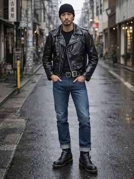 「schott（ショット）のSchott/ショット/613UHT HORSEHIDE ONESTAR TALL/ホースハイド ワンスタートール（ライダースジャケット、ブラック系）」を使った、AIファッションコーデさん（メンズ・165cm）の春コーディネート