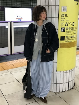 「Honeys（ハニーズ）のゆるＧジャン（デニムジャケット、ブルー系）」を使った、rin.さん（レディース・153cm）の春コーディネート