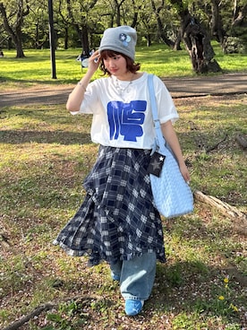 「MIRROR STOKE（ミラーストーク）の≪WEB限定≫【新色追加】MS LOGO TSHIRT/ミラーストークロゴティーシャツ（Tシャツ/カットソー、ホワイト系）」を使った、rin.さん（レディース・153cm）の春コーディネート
