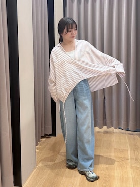 「URBAN RESEARCH（アーバンリサーチ）の『3サイズ展開』綿麻デニムイージーパンツ（デニムパンツ、ブルー系）」を使った、umechiさん（レディース・150cm）の春コーディネート