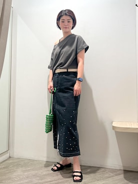 「VIS（ビス）の28mmラインスクエアバックルベルト（ベルト、ベージュ系）」を使った、MOTOCHIKAさん（レディース・168cm）の夏コーディネート