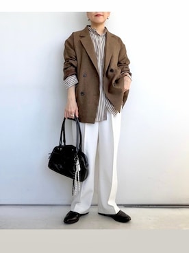 「ANME（アンメ）のレーヨンストライプバンドカラー長袖シャツ（シャツ/ブラウス、ブラウン系）」を使った、SACHIさん（レディース・150cm）の春コーディネート
