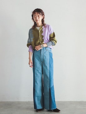 「FIL DE FER（フィルデフェール）のパッチワークデニム　ワイドパンツ（デニムパンツ、ブルー系）」を使った、watanabe.さん（レディース・163cm）の夏コーディネート