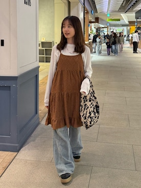 「PILIT（ピリット）のカットレース ティアードキャミワンピース（ワンピース、ブラウン系）」を使った、ぱっちさん（レディース・158cm）の春コーディネート