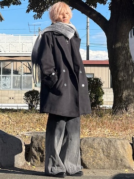 「ADRER（アドラー）のBeaver melton over P-coat/ビーバーメルトンオーバーPコート（その他アウター、ブラック系）」を使った、ゆーすけさん（メンズ・166cm）の冬コーディネート