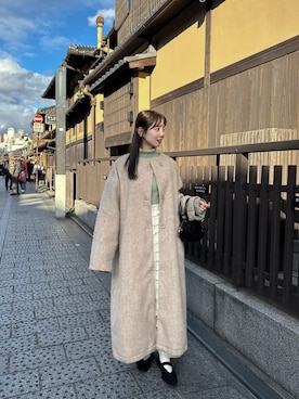 「hinari（ヒナリ）のノーカラーシャギーロングコート（その他アウター、ベージュ系）」を使った、akane147さん（レディース・147cm）の冬コーディネート