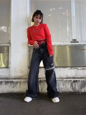 「DIESEL（ディーゼル）のレディース スウェットトップス Dロゴ（スウェット、レッド系）」を使った、N.GENさん（レディース・155cm）の春コーディネート