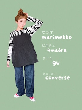 「marimekko（マリメッコ）のUNIKKO / ILMA JERSEY（Tシャツ/カットソー、ブラック系）」を使った、花屋になりたくてさん（レディース・155cm）の冬コーディネート