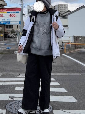 「アイテム（ダウンジャケット/コート、ホワイト系）」を使った、Naopochiさん（メンズ・167cm）の冬コーディネート