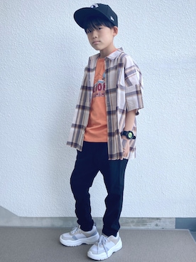 「BRANSHES（ブランシェス）の【ペア】半袖チェックシャツ（シャツ/ブラウス、ベージュ系）」を使った、kaoruさん（キッズ・144cm）の春コーディネート