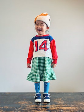 「アイテム（ニットキャップ/ビーニー）」を使った、KOOOさん（キッズ・90cm）の秋コーディネート