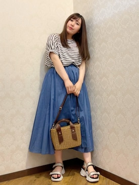 「DRESKIP（ドレスキップ）のお袖ギャザーバルーンゆったりプルオーバー（Tシャツ/カットソー、ブラック系）」を使った、だいわさん（レディース・155cm）の夏コーディネート
