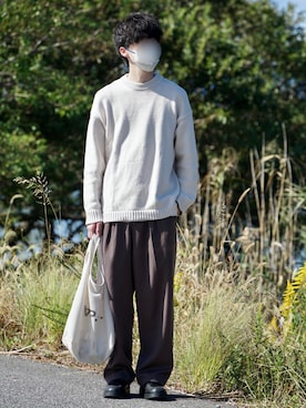 「remer（リメール）のloose basic heavy cotton over knit / ルーズベーシックヘビーコットンオーバーニット（ニット/セーター、ホワイト系）」を使った、じいさん（メンズ・172cm）の秋コーディネート