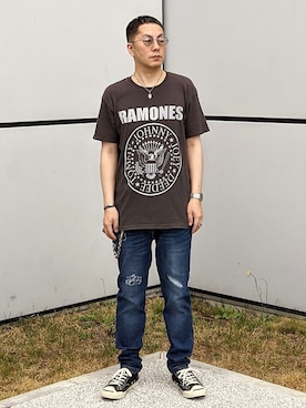 「LAST LIBERTY（ラストリバティ）のLAST LIBERTY/RAMONES Tee3（Tシャツ/カットソー、ブラック系）」を使った、ゆっきぃさん（メンズ・161cm）の夏コーディネート
