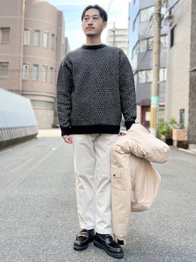 「URBAN RESEARCH ROSSO MEN（アーバンリサーチロッソメン）の『XLサイズあり』バーズアイ柄ニット（ニット/セーター、ブラック系）」を使った、ROSSO MENさん（メンズ）の冬コーディネート