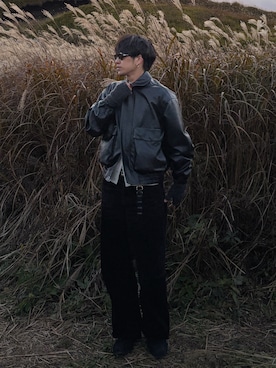 「WYM LIDNM（ウィム バイ リドム）のARTIFICIAL GRAIN  SHORT BLOUSON（ブルゾン、ブラック系）」を使った、Kouさん（メンズ・170cm）の冬コーディネート