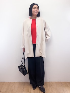 「アイテム（ノーカラーコート）」を使った、Takeさん（レディース・162cm）の春コーディネート