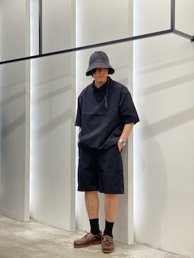 「Uiscel（ユイセル）のUiscel　ルーズポロ（ポロシャツ、ブラック系）」を使った、AKIHIROさん（メンズ・178cm）の春コーディネート