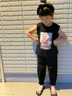 「petit main（プティマイン）の【SWIM】アジアンビーチサンダル（サンダル、グリーン系）」を使った、Riona⑅︎◡̈︎*さん（キッズ・120cm）の夏コーディネート