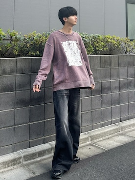 「ETELIO（エテリオ）の【25AW】ピグメント加工/箔プリント天竺編みクルーネックニット（ニット/セーター、レッド系）」を使った、まささん（メンズ・178cm）の秋コーディネート