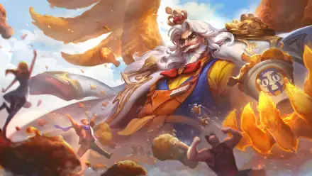 8K Ultra HD PC desktop wallpaper of Swain (League of Legends), the video game’s imposing king in regal robes and wings, towering over cheering subjects.