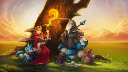 A fantasy HD PC desktop wallpaper depicting a wizard and a sorceress casting spells under a large tree at sunset, surrounded by magical artifacts and potions.