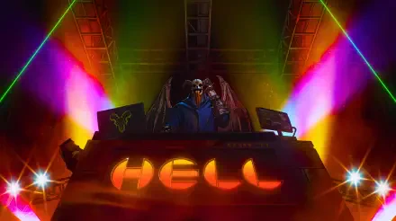 Dorohedoro anime devil DJ spins on a neon hell stage, 'HELL' glowing on the booth; 5K Ultra HD PC desktop wallpaper/background.