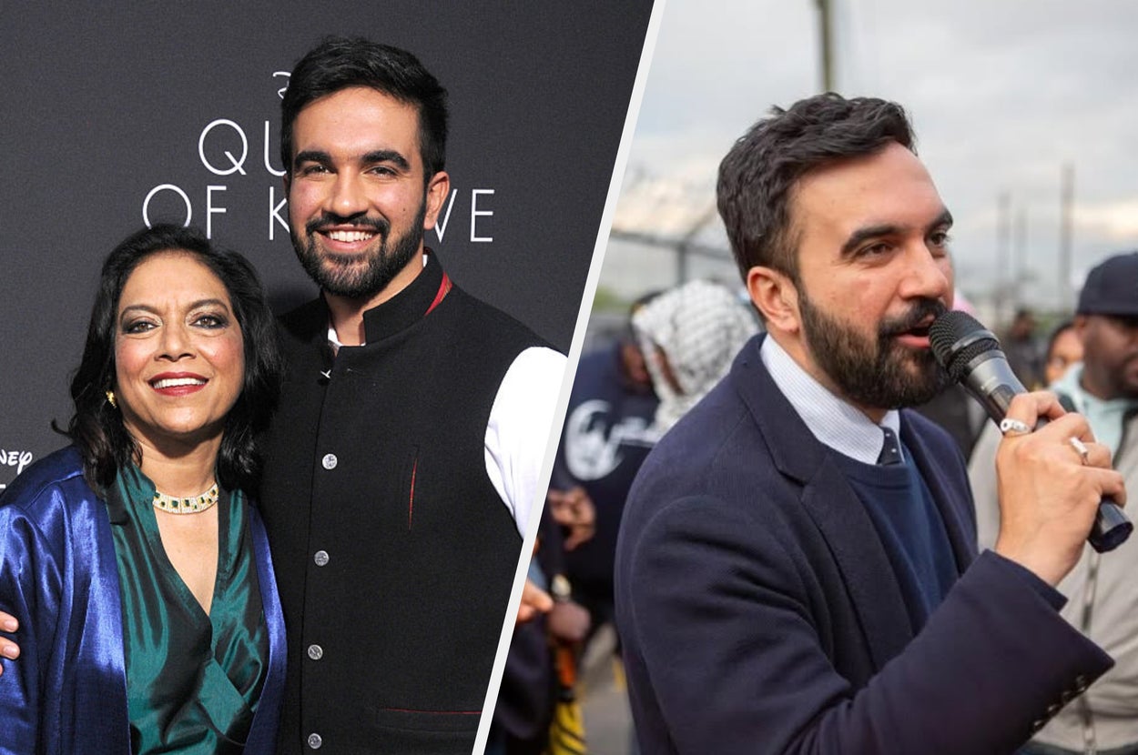 Two photos: People at a social gathering; a man in a suit speaking with a microphone outdoors. Text reads "The Bronx, Bollywood & a Mayoral Bid"
