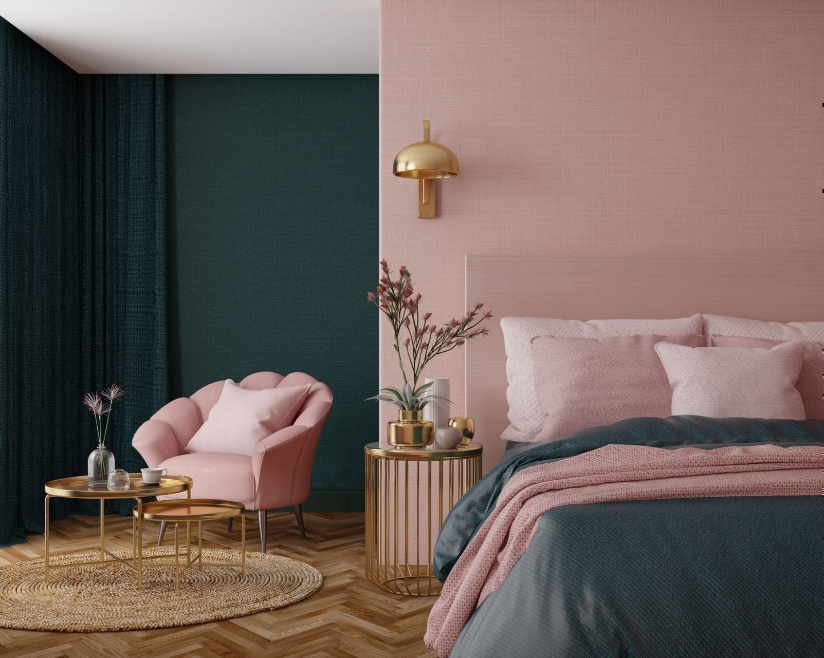 Stunning combination of pink and dark grey in a room with wooden herringbone style flooring