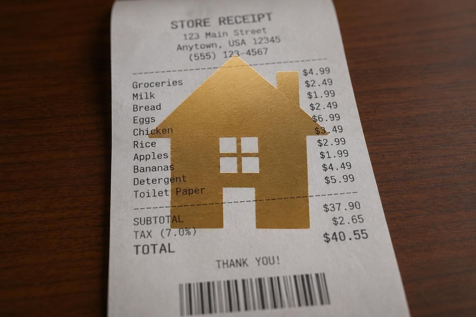 The house symbol is superimposed on a receipt