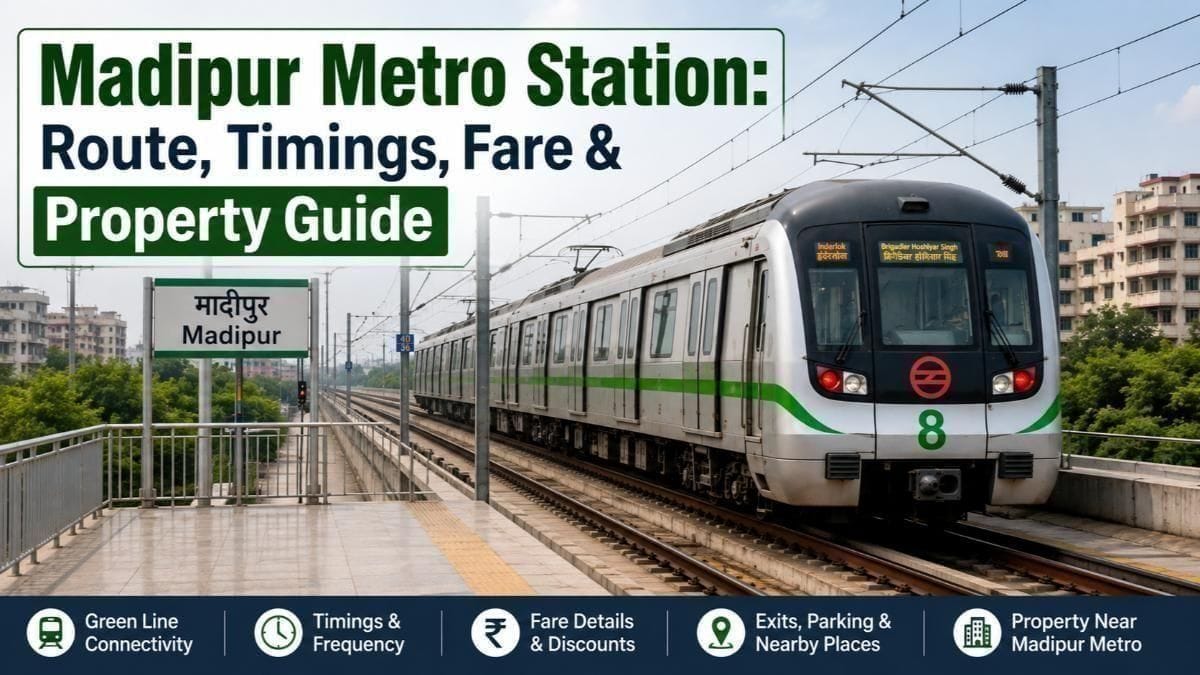 Delhi metro green line train entering Madipur Metro station platform