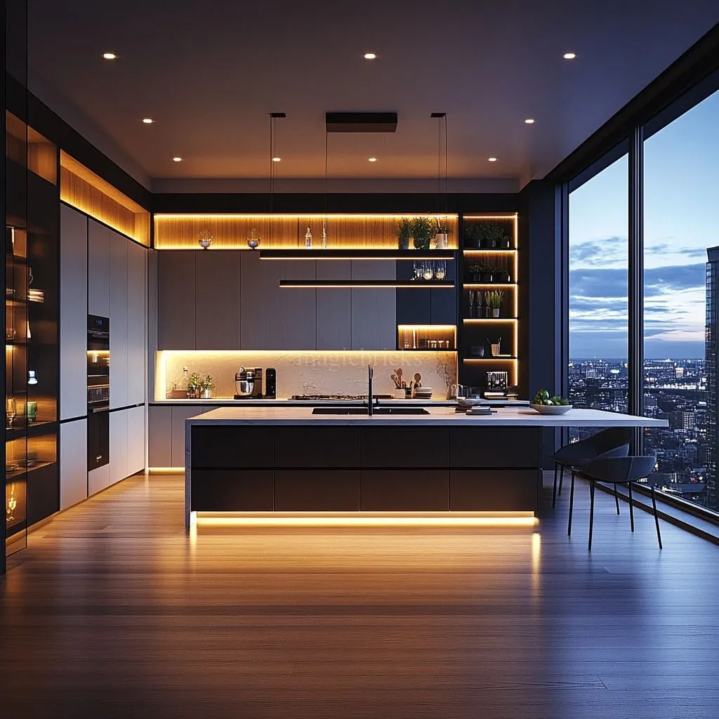 Modern Island Kitchen Design with City View & Warm Lighting