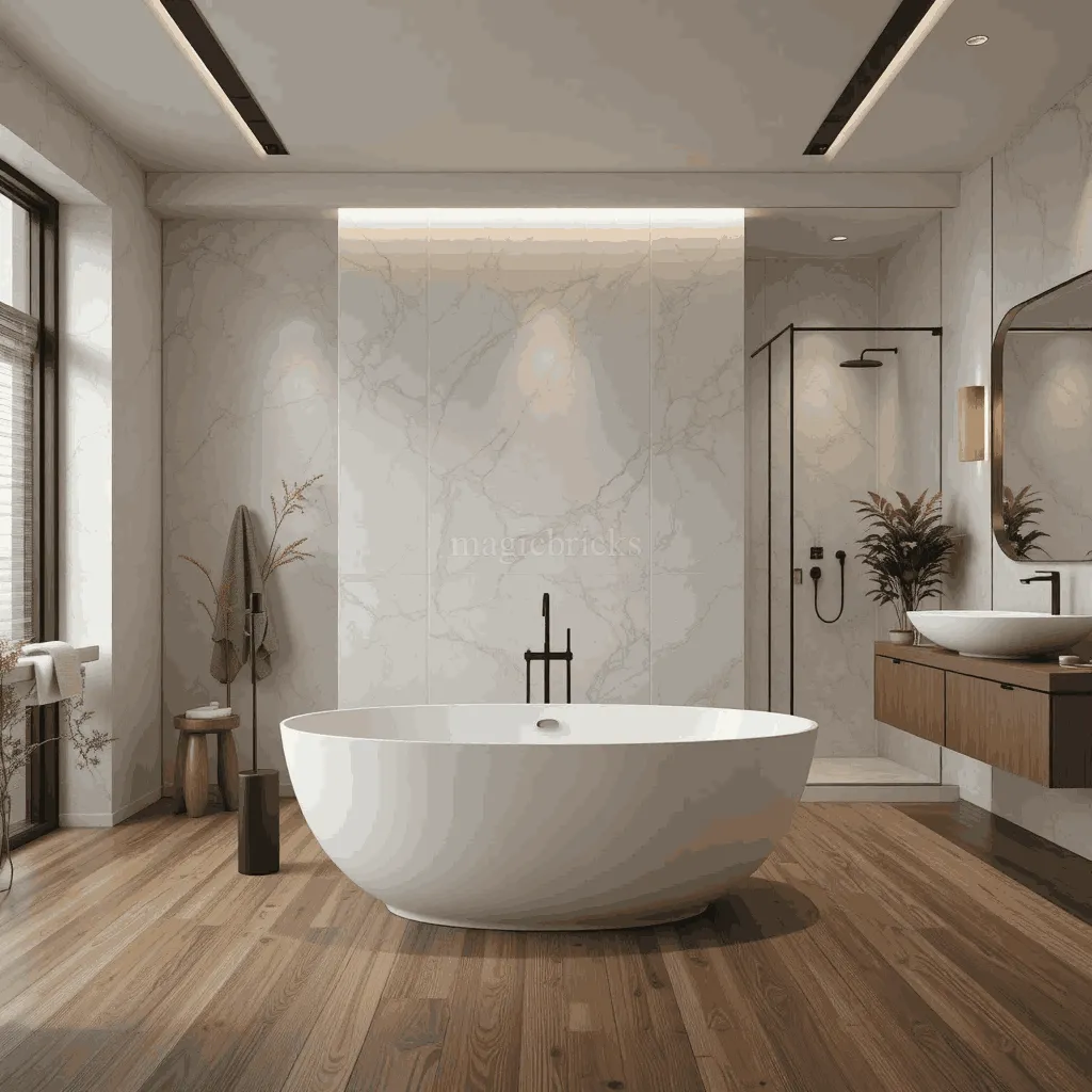 Minimalist Spa Retreat: Modern Bathroom with Marble and Freestanding Tub