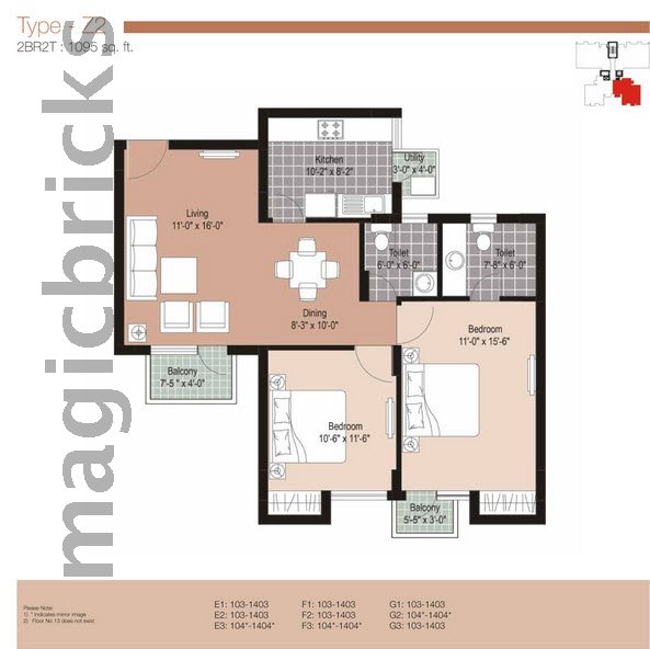 Unitech Residences 2 BHK 1095 sq.ft floor plan