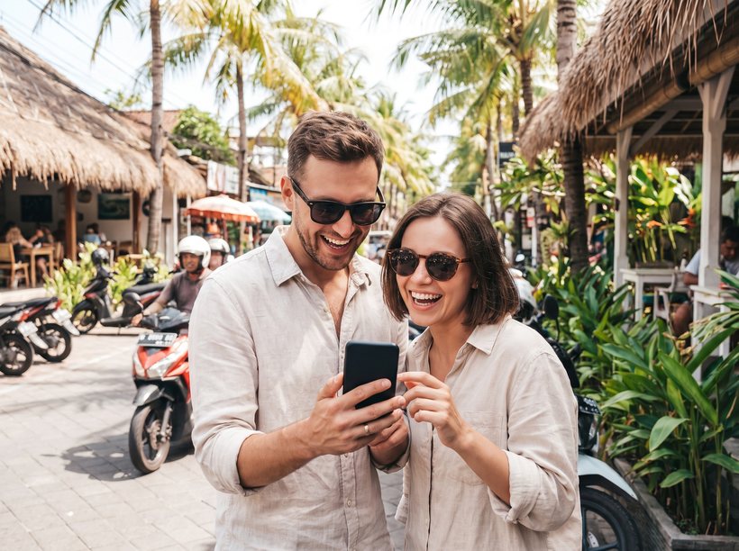 A couple checking a phone on a street lined with scooters