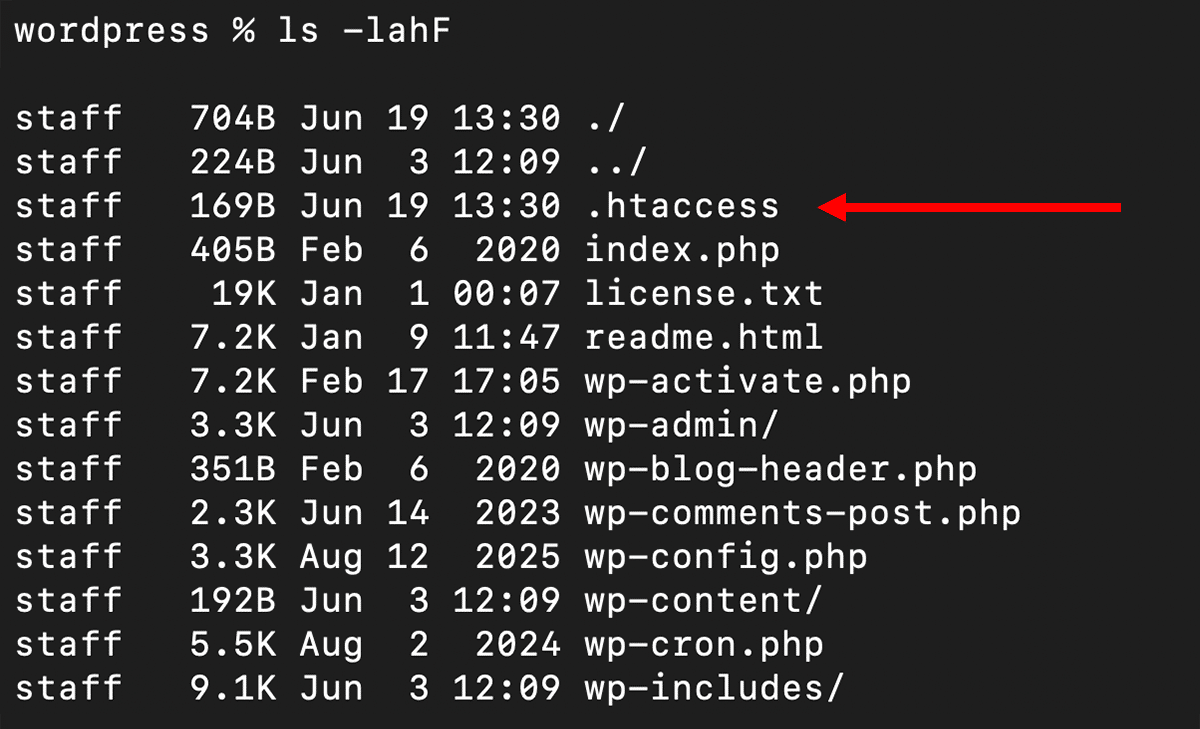 A screenshot showing the root directory of a WordPress installation with the .htaccess file highlighted.