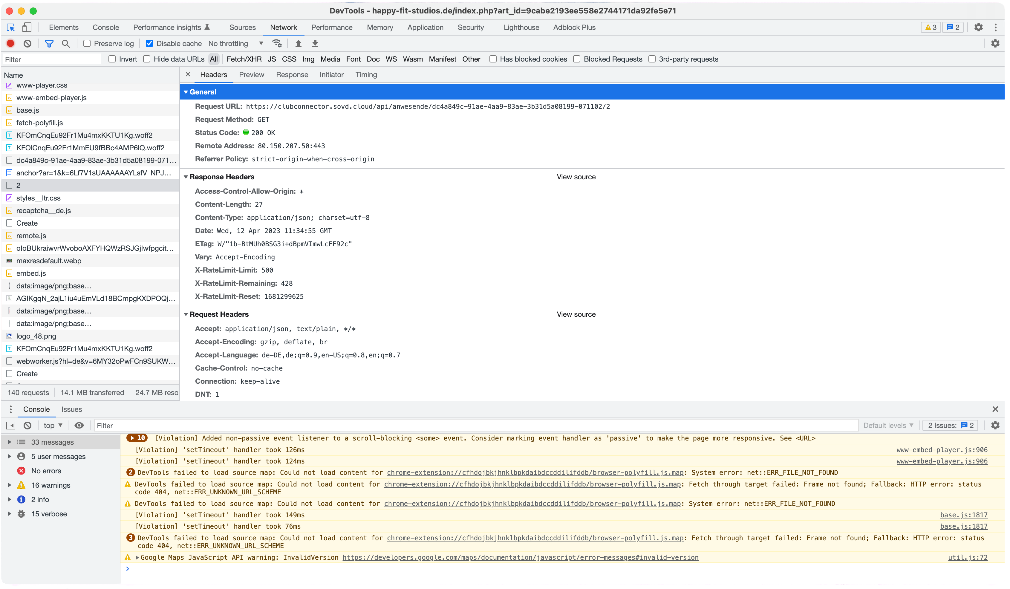 A screenshot of the network tab of Google Chrome's Developer Tools showing a network request to the gym's API.