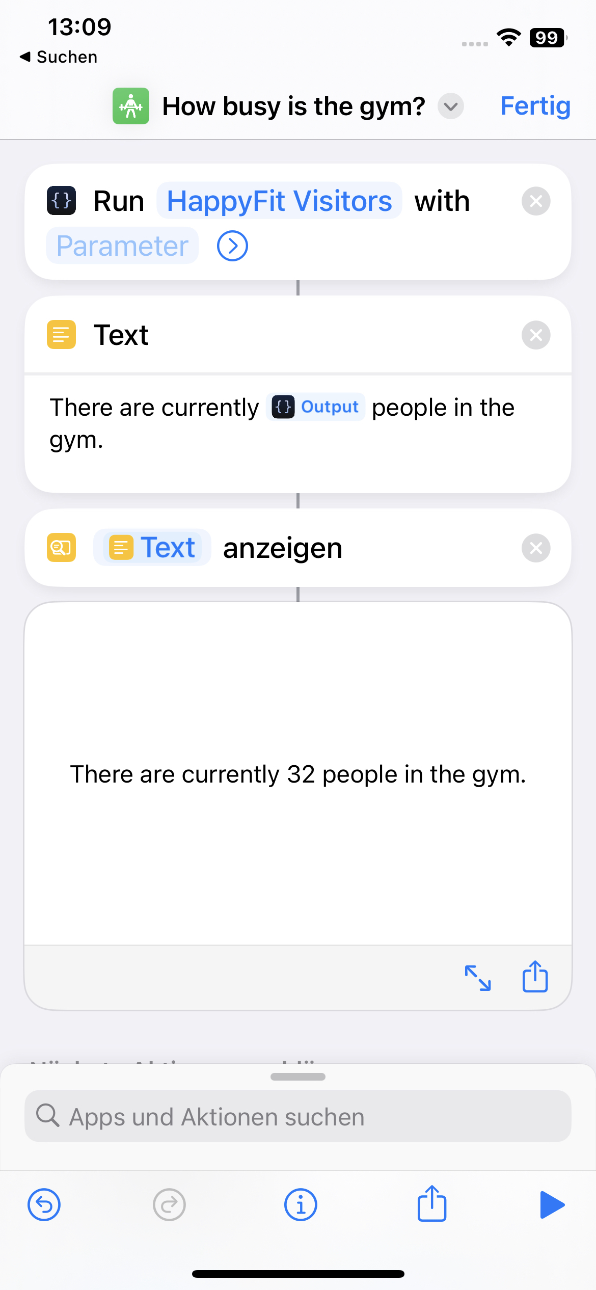 A screenshot of an iOS shortcut that executes the Scriptable widget and returns the number of visitors in the gym.