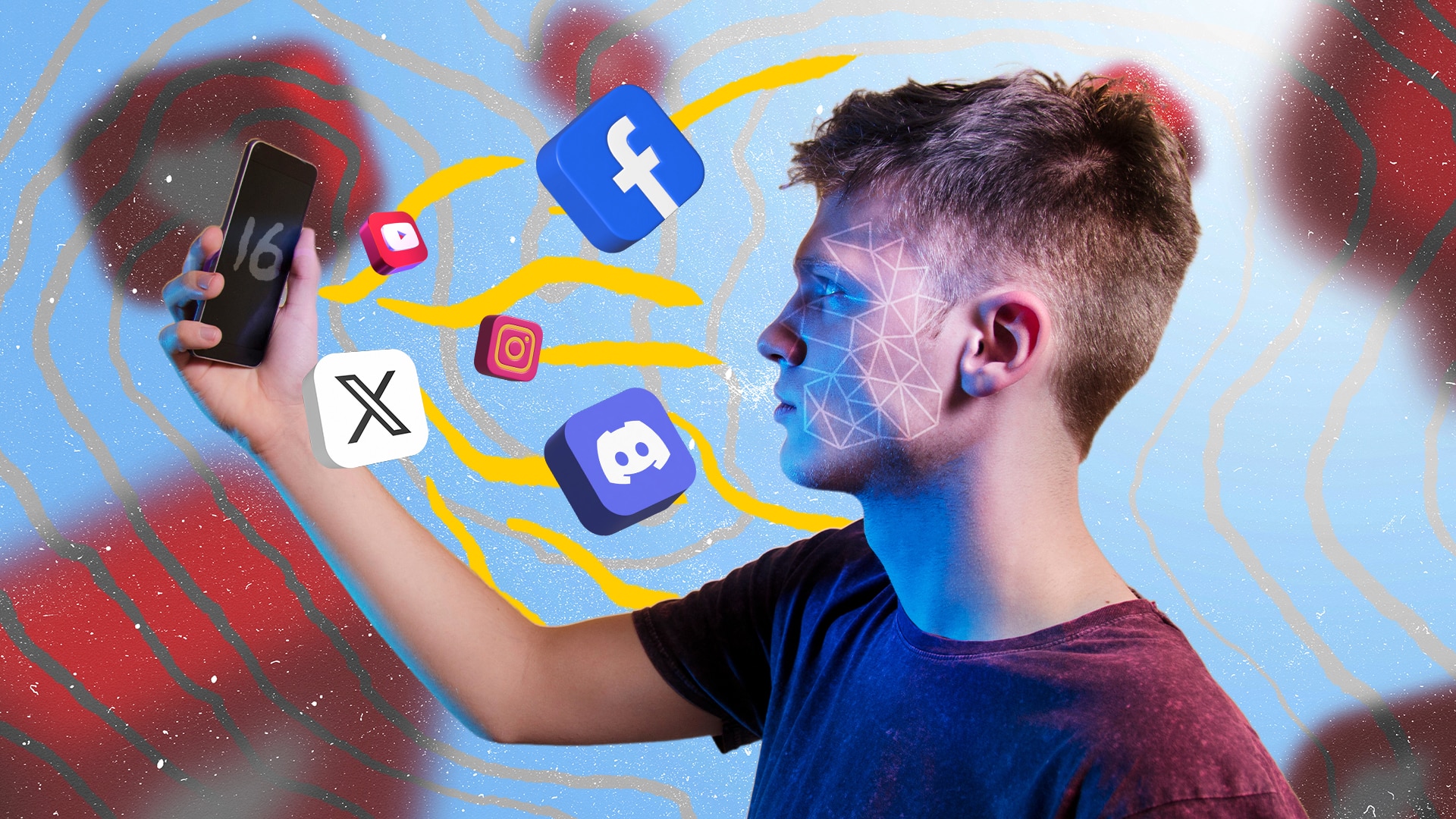 A teenage boy holds up a mobile phone with the number 16 on it. Logos for Facebook, X and other platforms swirl near his face.